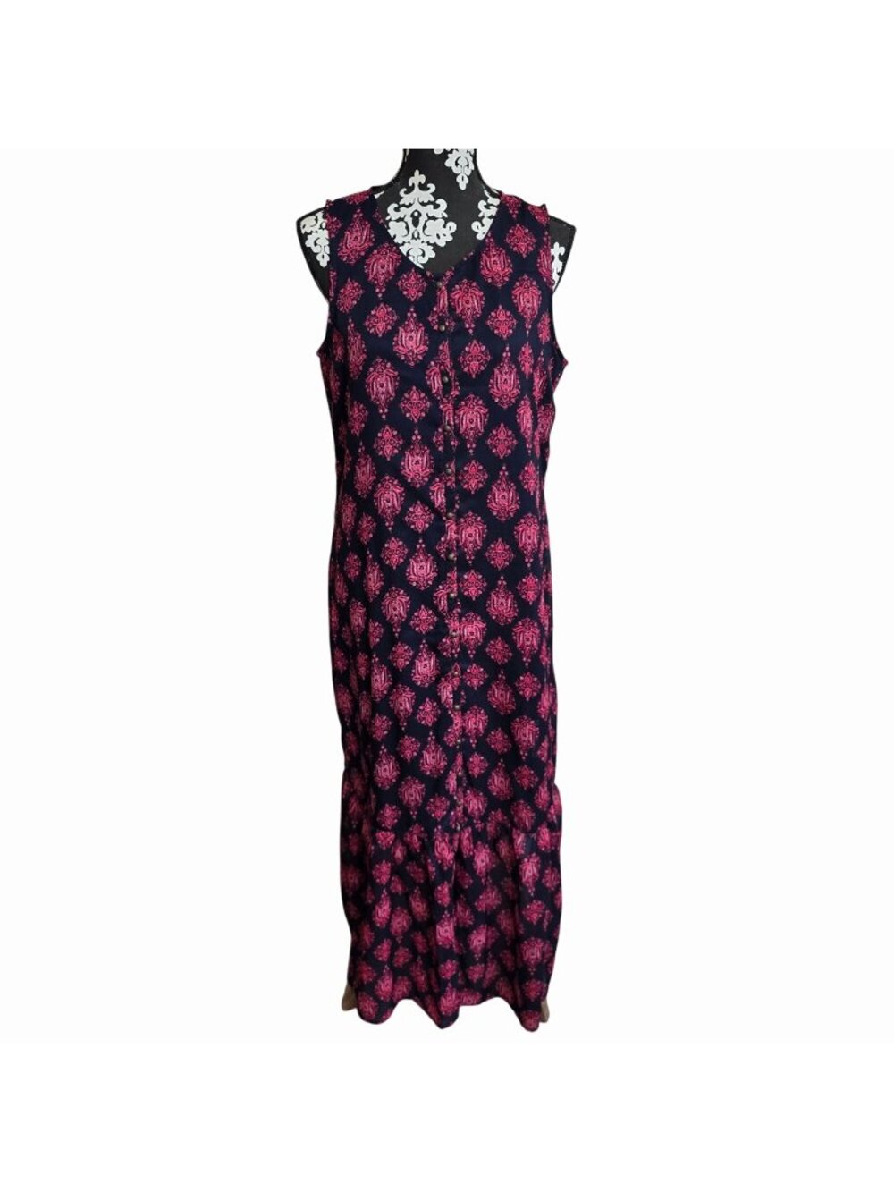 Lucky Brand Womens M Maxi Dress Sleeveless Navy & Pink Boho Print Button Down